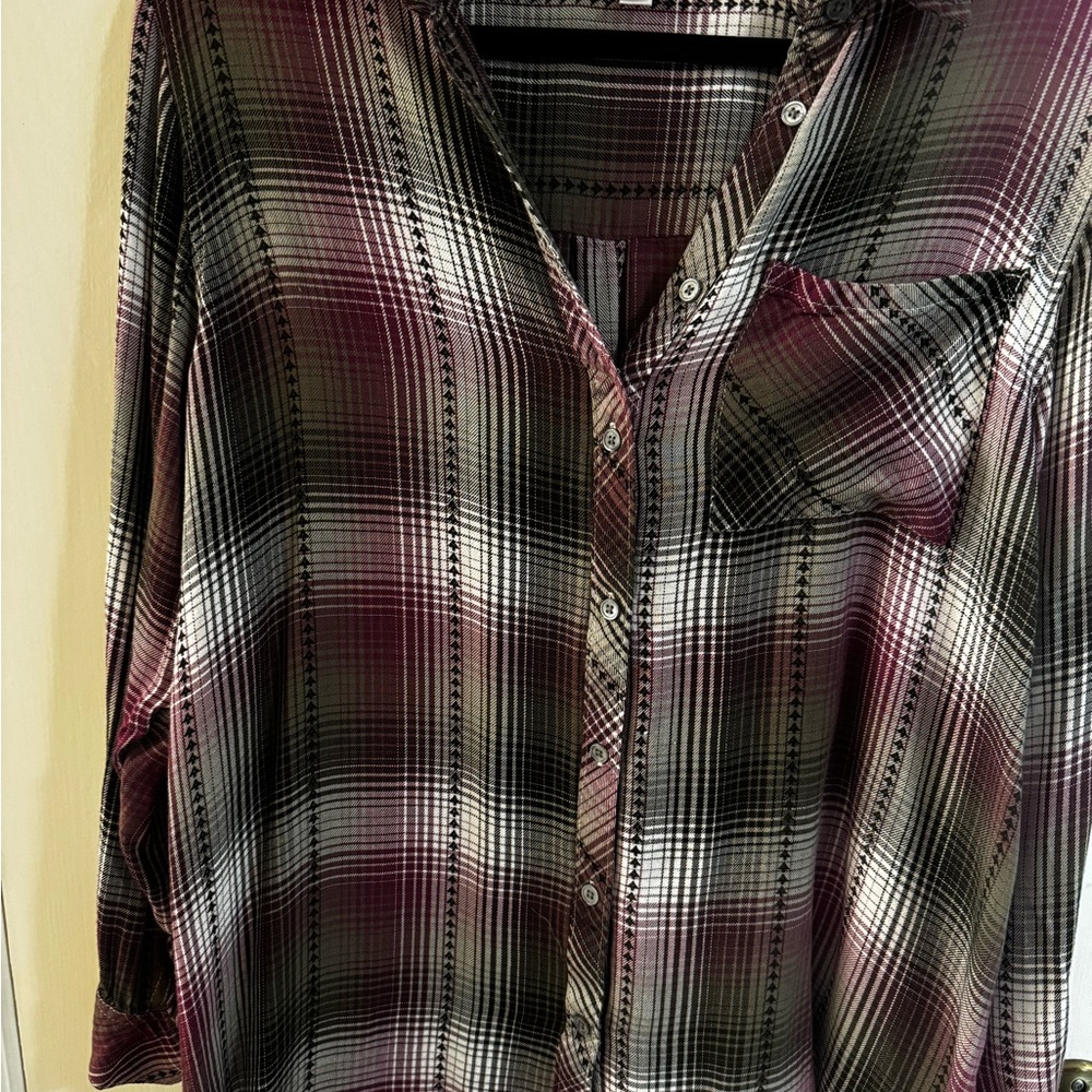 Avenue Purple/Olive Green/ Black Plaid Button Down Shirt